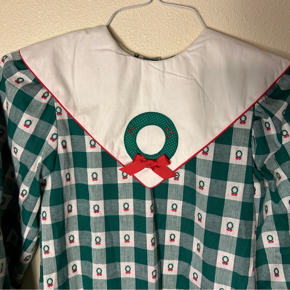 Vtg Hearts Design Dress Girls 12 Green Ivory Check Christmas Holiday USA Modest - Picture 5 of 12